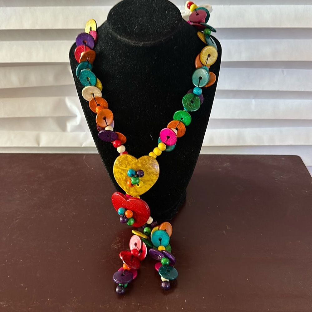 Large Wood Heart Pendant Necklace Colorful Wooden Beads Boho Statement Jewelry